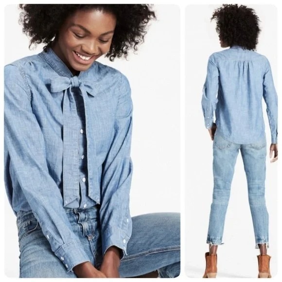Lucky Brand Tops - Lucky Brand Chambray Feminine Bow Button Down Shirt Denim Western Sz M NWT B5